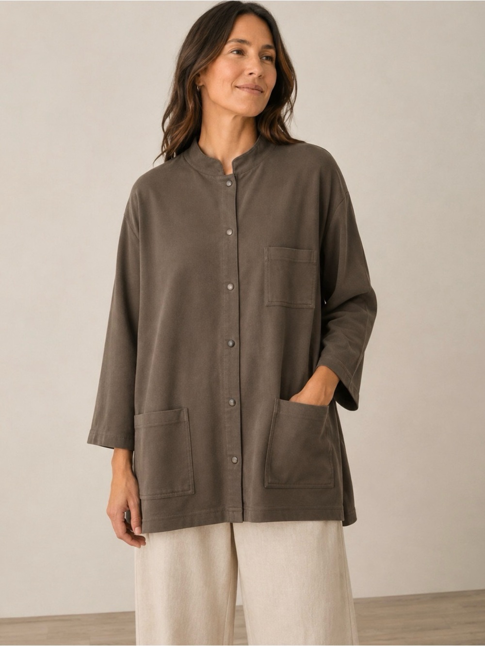 Eileen Fisher Large Brown Lightweight Green Cotton Longline Snap Shirt Jacket